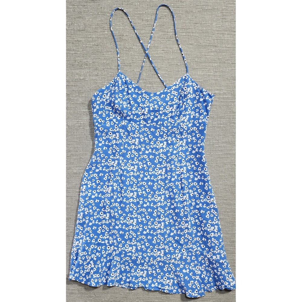 Zara Blue White Floral‎ Mini Dress Strappy Criss Cross Back Ruffle Hem Size M
